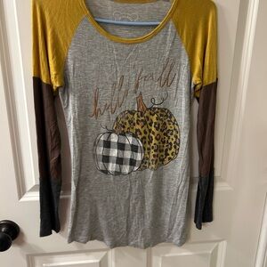 Woman’s Fall Pumpkins Raglan Tee - Mustard, Gray, Brown Size Small